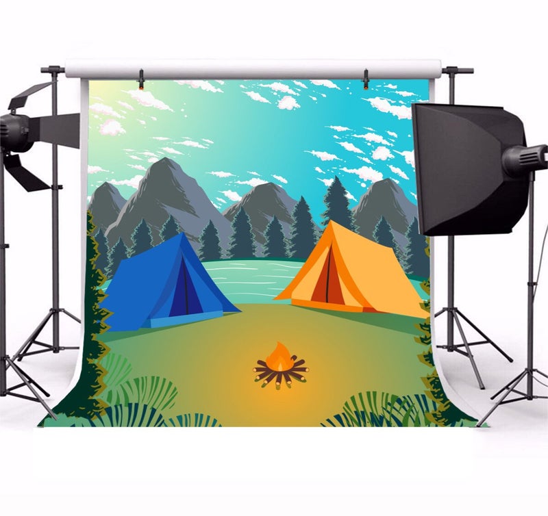 Laeacco Summer Island Camp Backdrop 6.5x6.5ft Outdoors Photography Background Mountains and Waters Camping Travel Trees Cartoon Backdrops Children Boy Adult Photo Baby Shower Backdrop Birthday Decor - Image 2